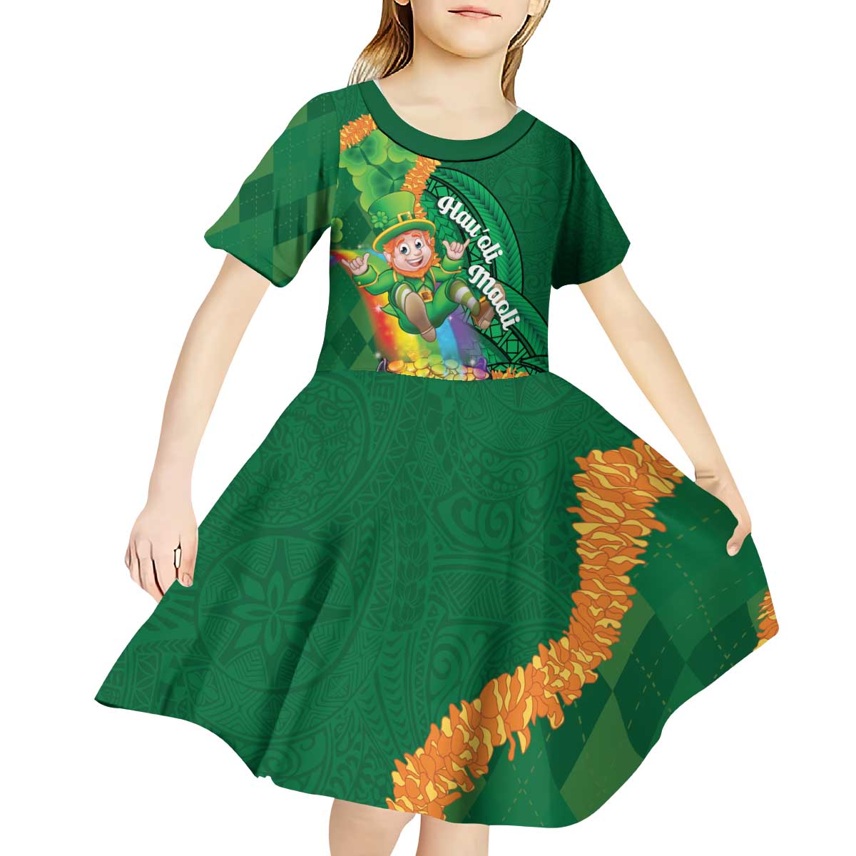 St Patrick's Day Hawaii Kid Short Sleeve Dress Hauoli Maoli Funny Shaka Leprechaun LT14 - Polynesian Pride