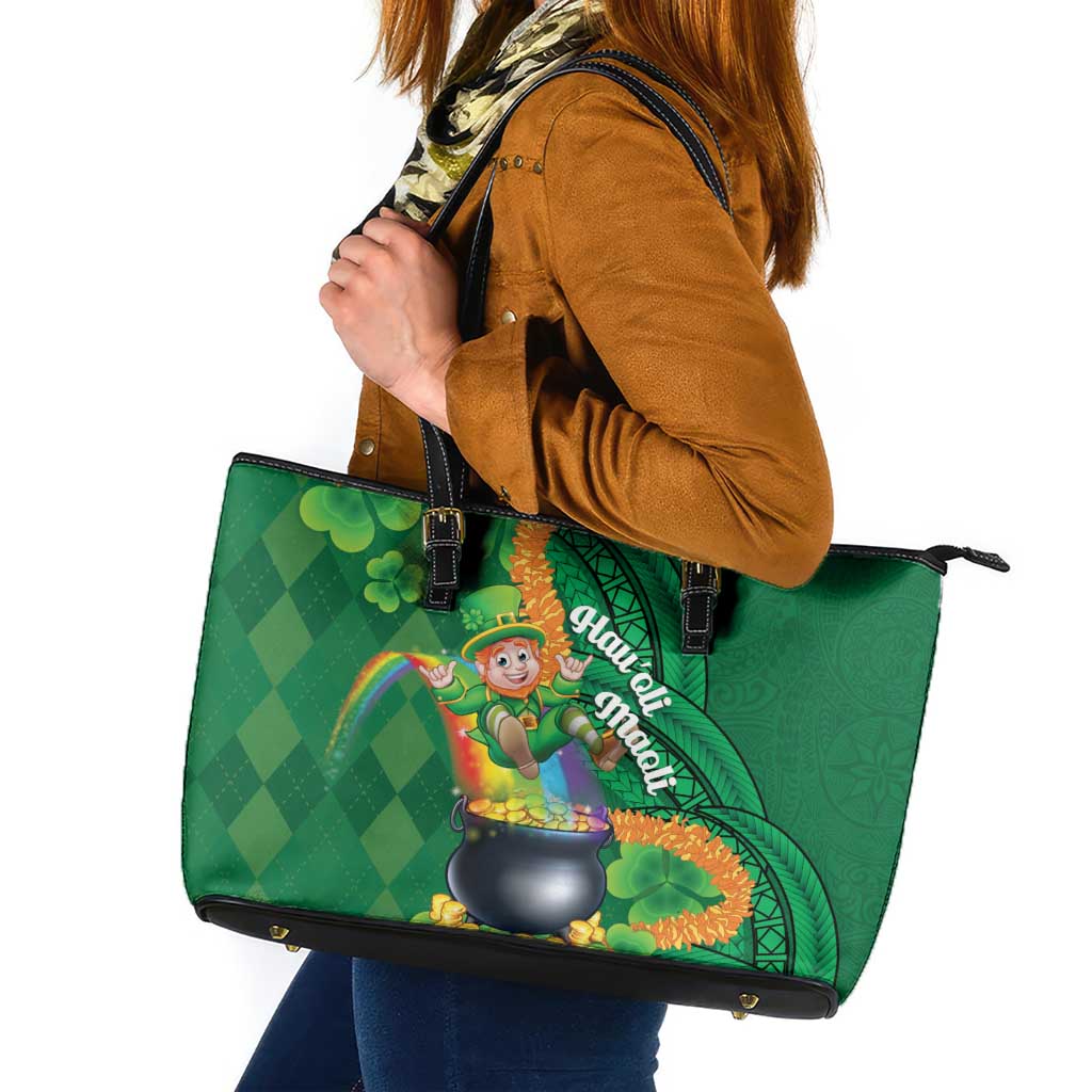 St Patrick's Day Hawaii Leather Tote Bag Hauoli Maoli Funny Shaka Leprechaun