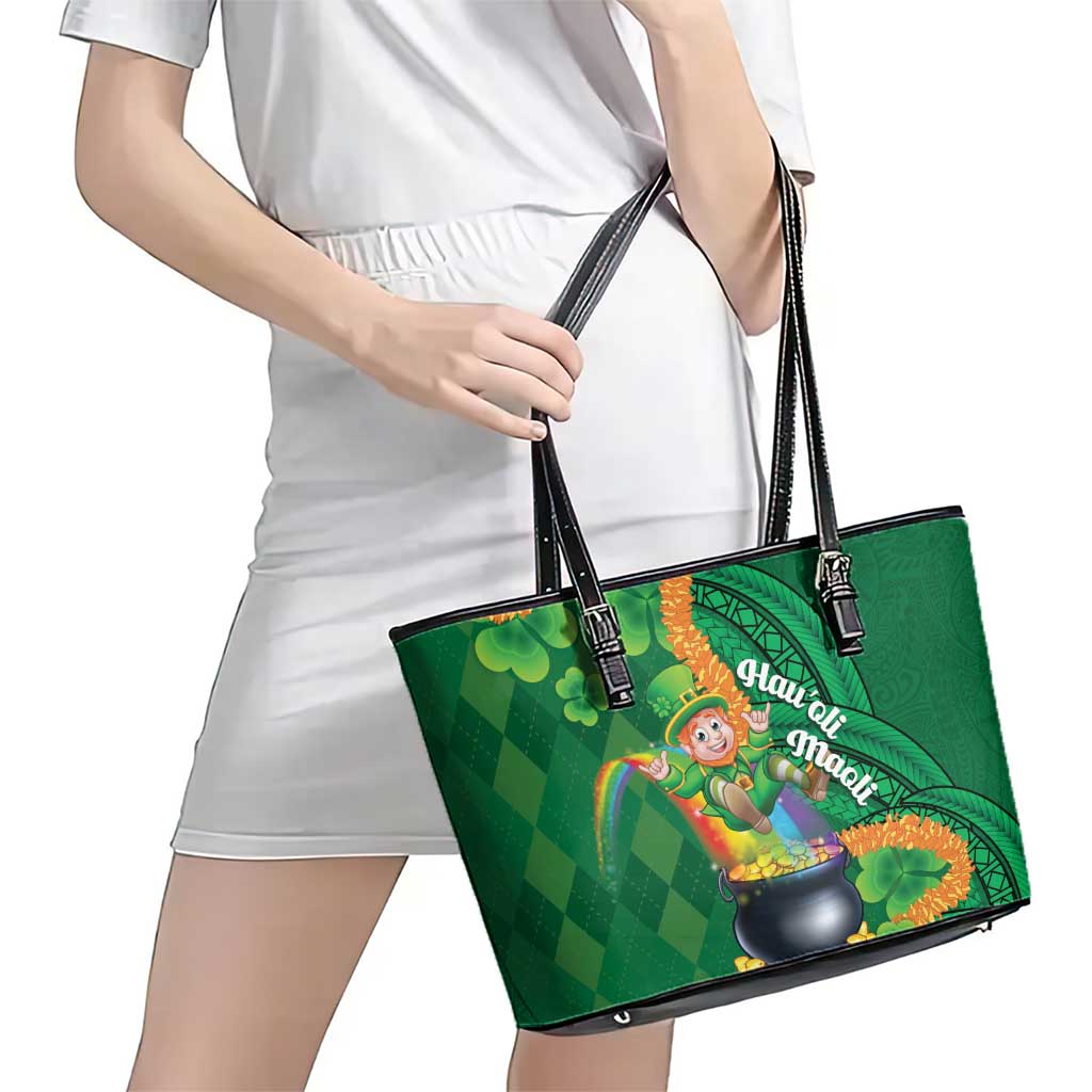 St Patrick's Day Hawaii Leather Tote Bag Hauoli Maoli Funny Shaka Leprechaun
