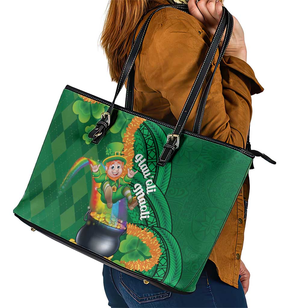 St Patrick's Day Hawaii Leather Tote Bag Hauoli Maoli Funny Shaka Leprechaun