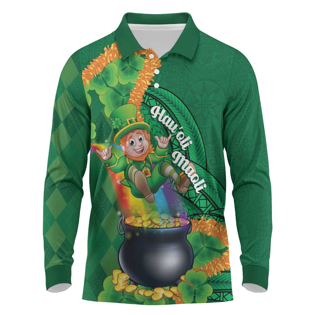 St Patrick's Day Hawaii Long Sleeve Polo Shirt Hauoli Maoli Funny Shaka Leprechaun LT14 Green - Polynesian Pride