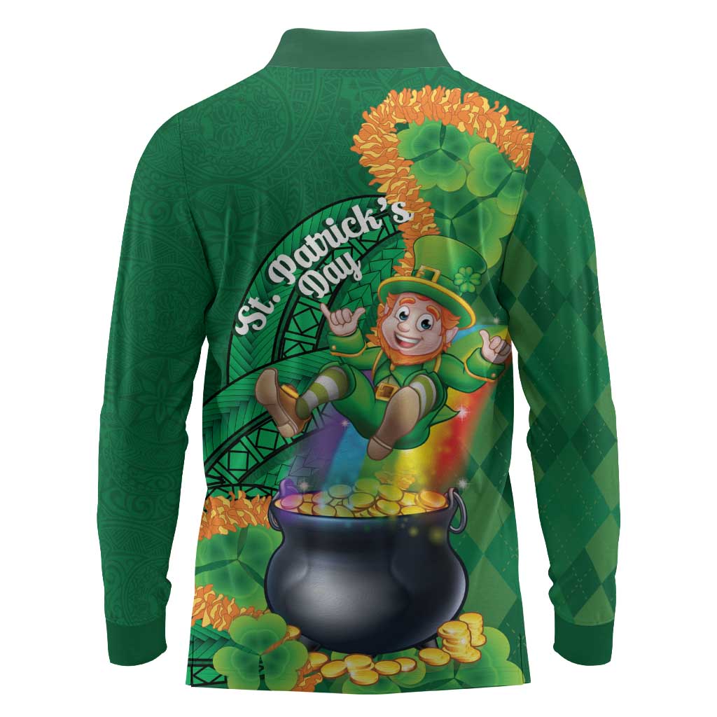 St Patrick's Day Hawaii Long Sleeve Polo Shirt Hauoli Maoli Funny Shaka Leprechaun LT14 - Polynesian Pride