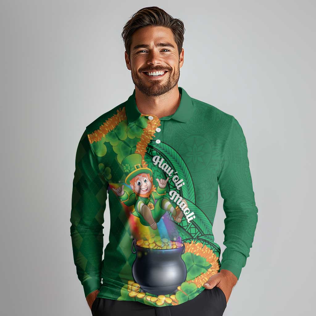St Patrick's Day Hawaii Long Sleeve Polo Shirt Hauoli Maoli Funny Shaka Leprechaun LT14 - Polynesian Pride