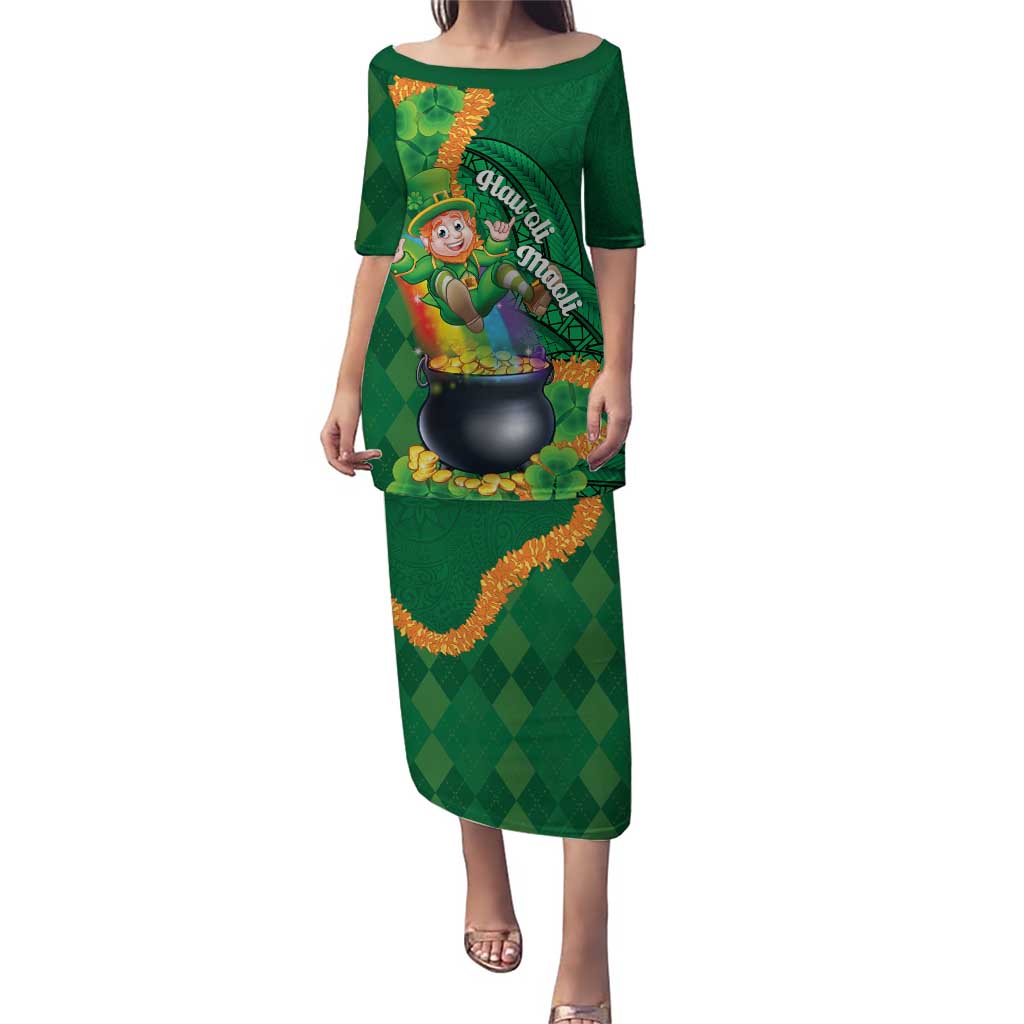 St Patrick's Day Hawaii Puletasi Hauoli Maoli Funny Shaka Leprechaun LT14 Long Dress Green - Polynesian Pride