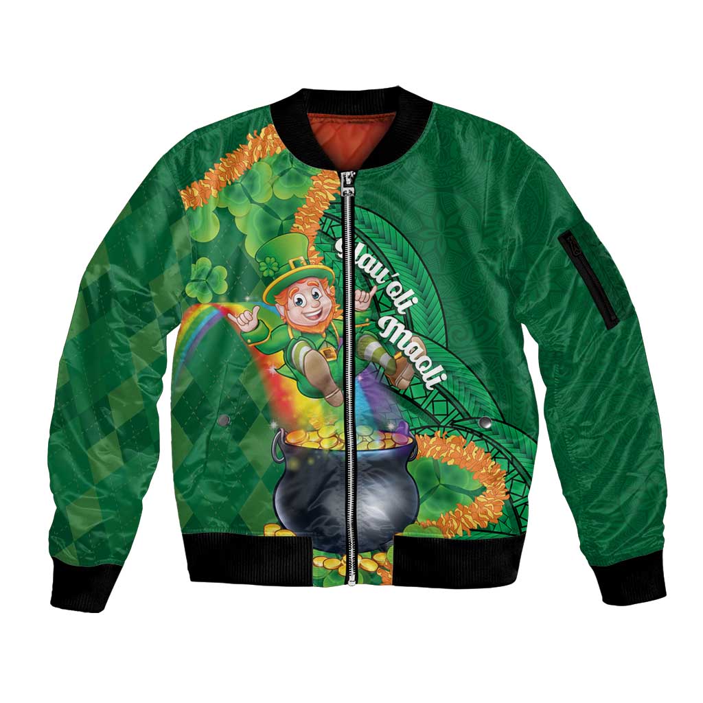 St Patrick's Day Hawaii Sleeve Zip Bomber Jacket Hauoli Maoli Funny Shaka Leprechaun
