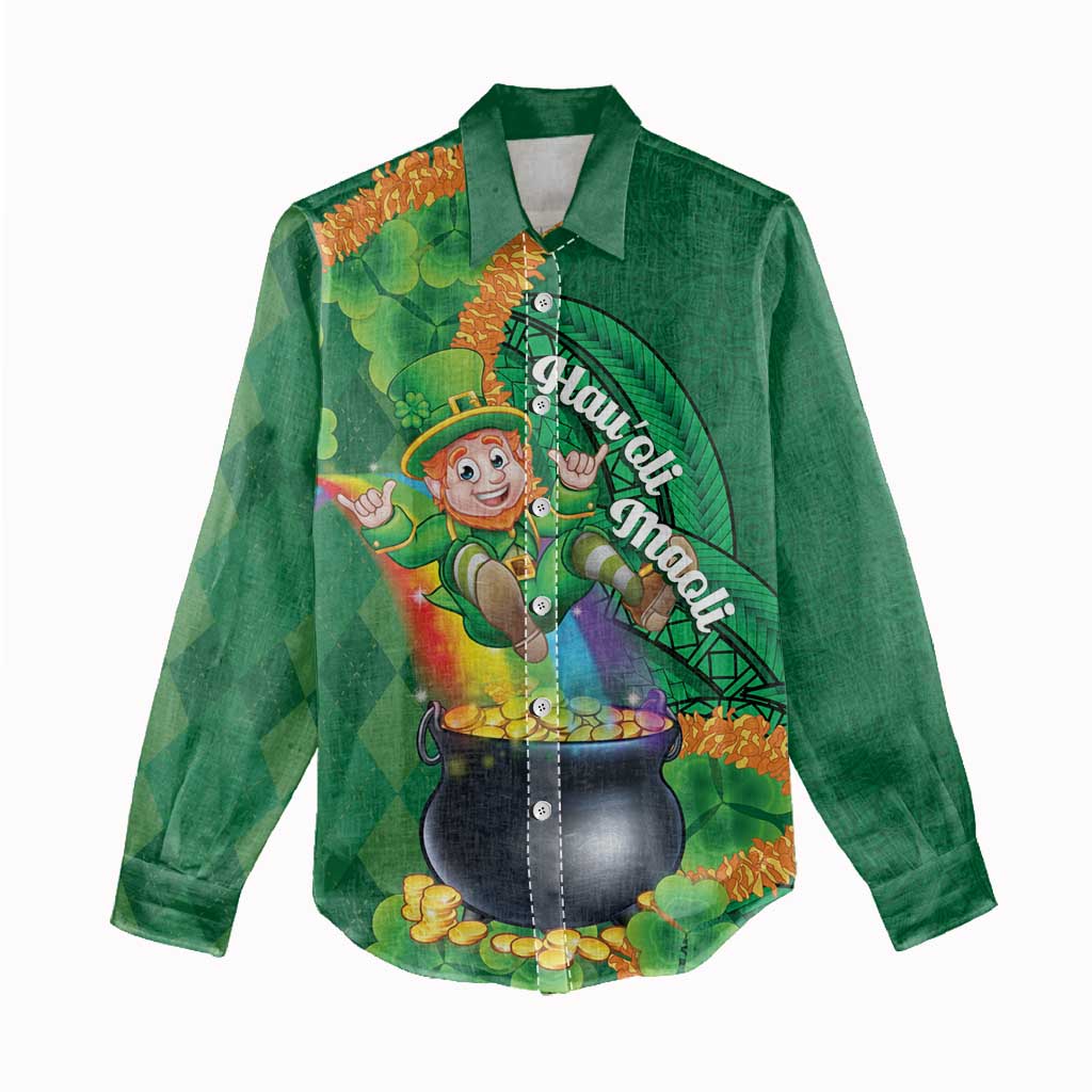 St Patrick's Day Hawaii Women Casual Shirt Hauoli Maoli Funny Shaka Leprechaun