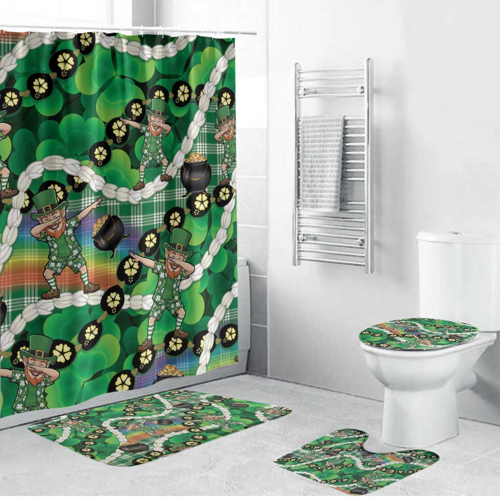 St Patrick's Day Palaka Hawaii Bathroom Set Kukui Nut Pikake Lei Shamrock Dabbing Leprechaun LT14 Bathroom Set (4 pcs) Green - Polynesian Pride