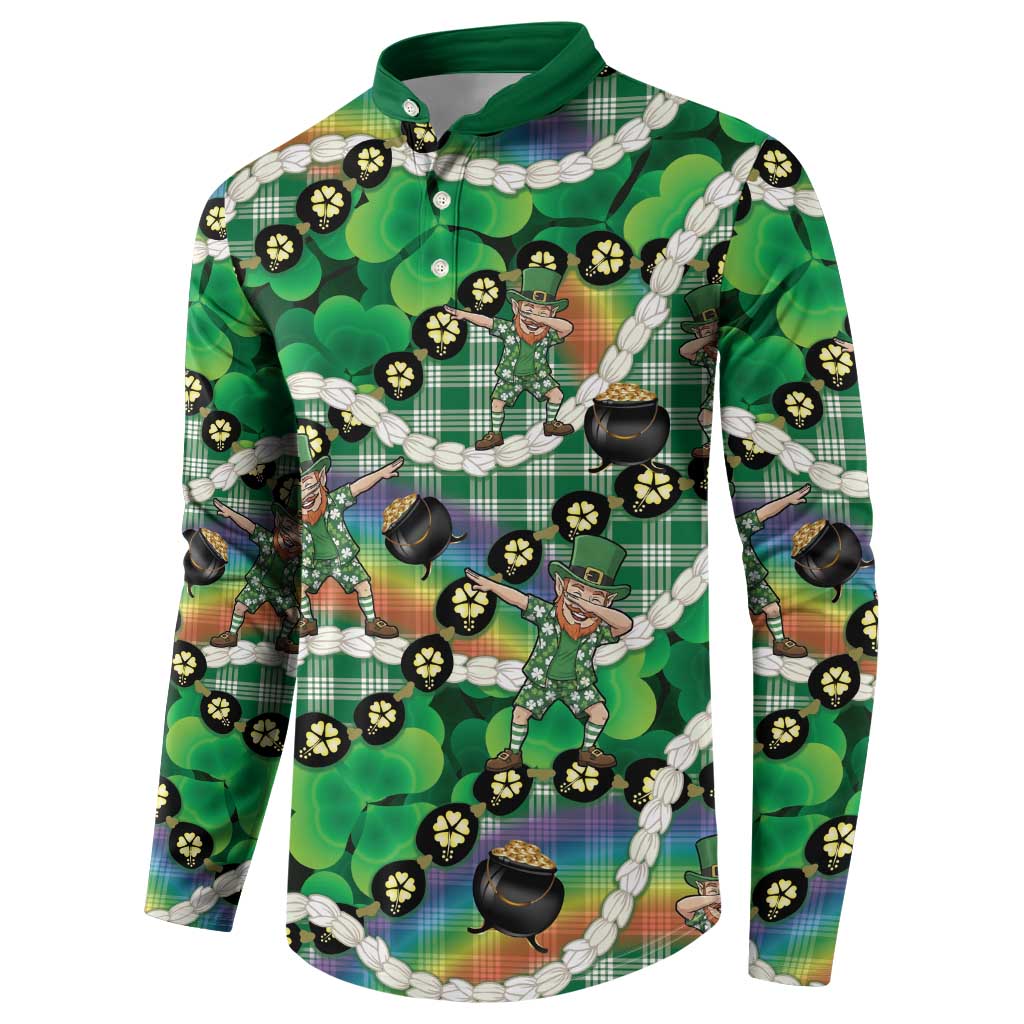 St Patrick's Day Palaka Hawaii Button Sweatshirt Kukui Nut Pikake Lei Shamrock Dabbing Leprechaun
