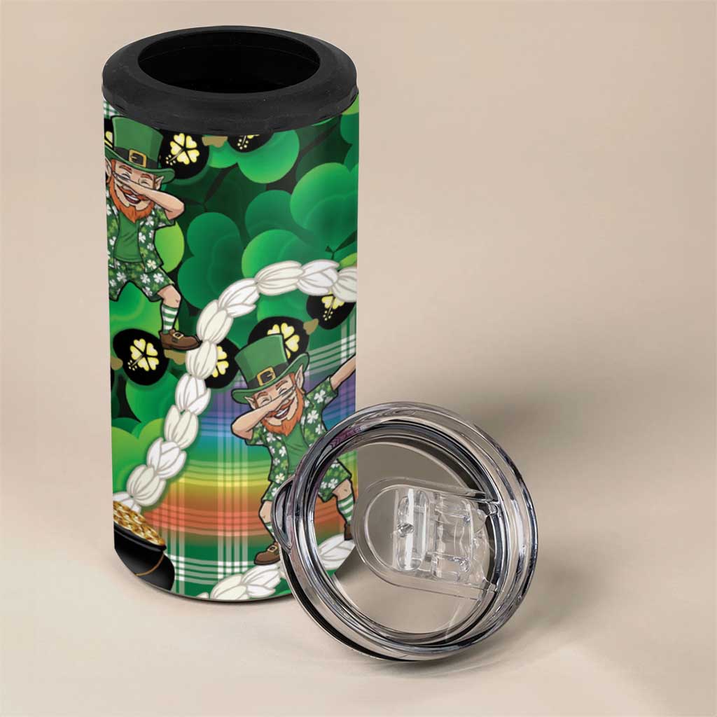 St Patrick's Day Palaka Hawaii 4 in 1 Can Cooler Tumbler Kukui Nut Pikake Lei Shamrock Dabbing Leprechaun