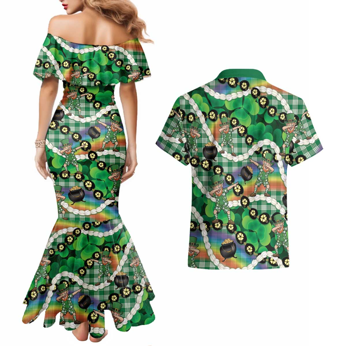 St Patrick's Day Palaka Hawaii Couples Matching Mermaid Dress and Hawaiian Shirt Kukui Nut Pikake Lei Shamrock Dabbing Leprechaun