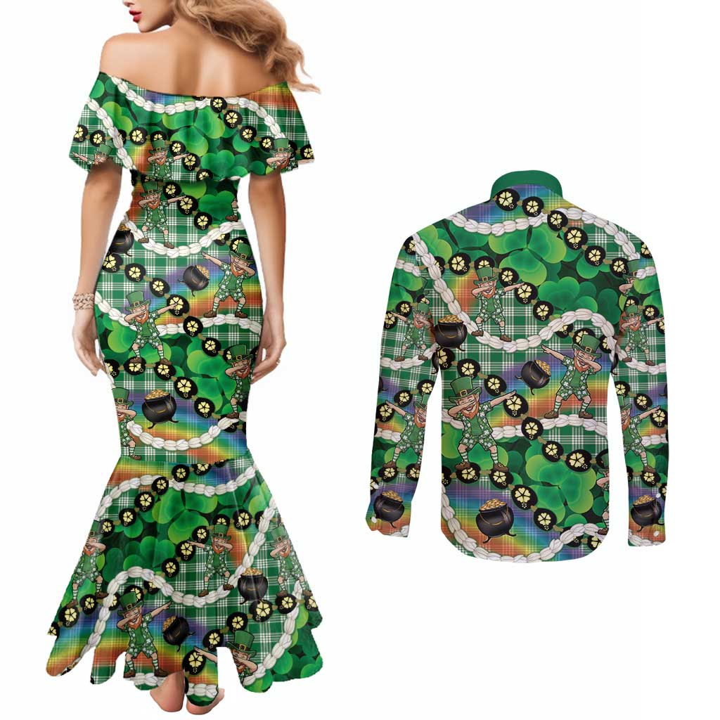 St Patrick's Day Palaka Hawaii Couples Matching Mermaid Dress and Long Sleeve Button Shirt Kukui Nut Pikake Lei Shamrock Dabbing Leprechaun
