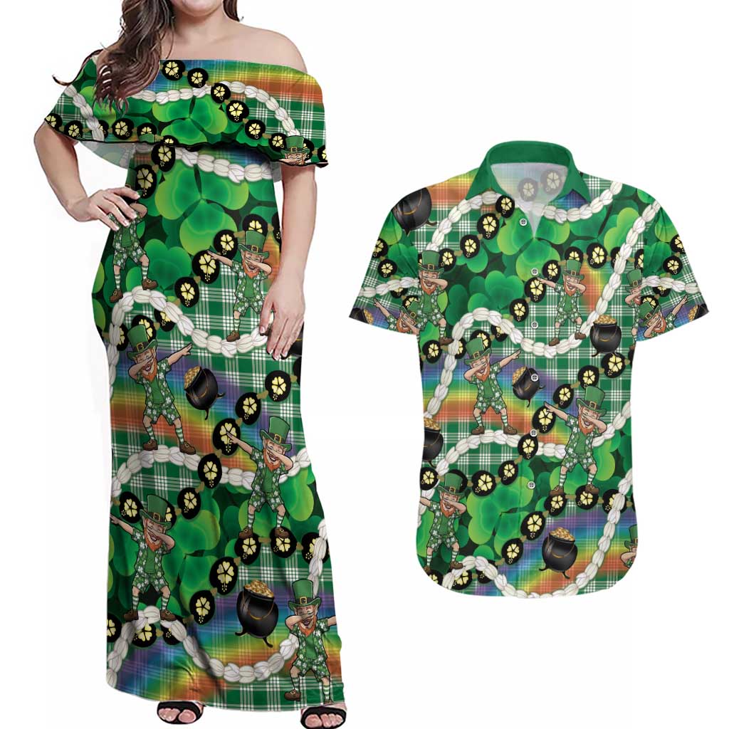St Patrick's Day Palaka Hawaii Couples Matching Off Shoulder Maxi Dress and Hawaiian Shirt Kukui Nut Pikake Lei Shamrock Dabbing Leprechaun