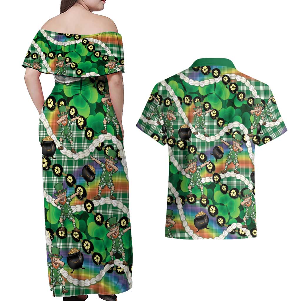St Patrick's Day Palaka Hawaii Couples Matching Off Shoulder Maxi Dress and Hawaiian Shirt Kukui Nut Pikake Lei Shamrock Dabbing Leprechaun