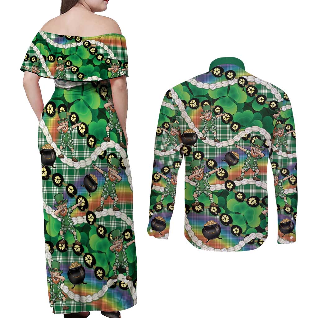 St Patrick's Day Palaka Hawaii Couples Matching Off Shoulder Maxi Dress and Long Sleeve Button Shirt Kukui Nut Pikake Lei Shamrock Dabbing Leprechaun