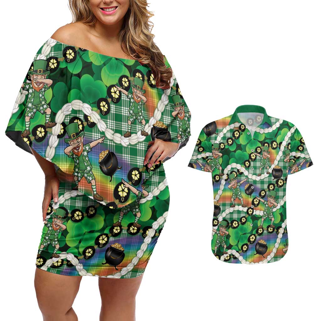 St Patrick's Day Palaka Hawaii Couples Matching Off Shoulder Short Dress and Hawaiian Shirt Kukui Nut Pikake Lei Shamrock Dabbing Leprechaun