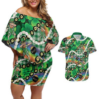 St Patrick's Day Palaka Hawaii Couples Matching Off Shoulder Short Dress and Hawaiian Shirt Kukui Nut Pikake Lei Shamrock Dabbing Leprechaun