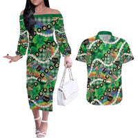 St Patrick's Day Palaka Hawaii Couples Matching Off The Shoulder Long Sleeve Dress and Hawaiian Shirt Kukui Nut Pikake Lei Shamrock Dabbing Leprechaun