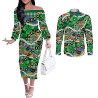 St Patrick's Day Palaka Hawaii Couples Matching Off The Shoulder Long Sleeve Dress and Long Sleeve Button Shirt Kukui Nut Pikake Lei Shamrock Dabbing Leprechaun
