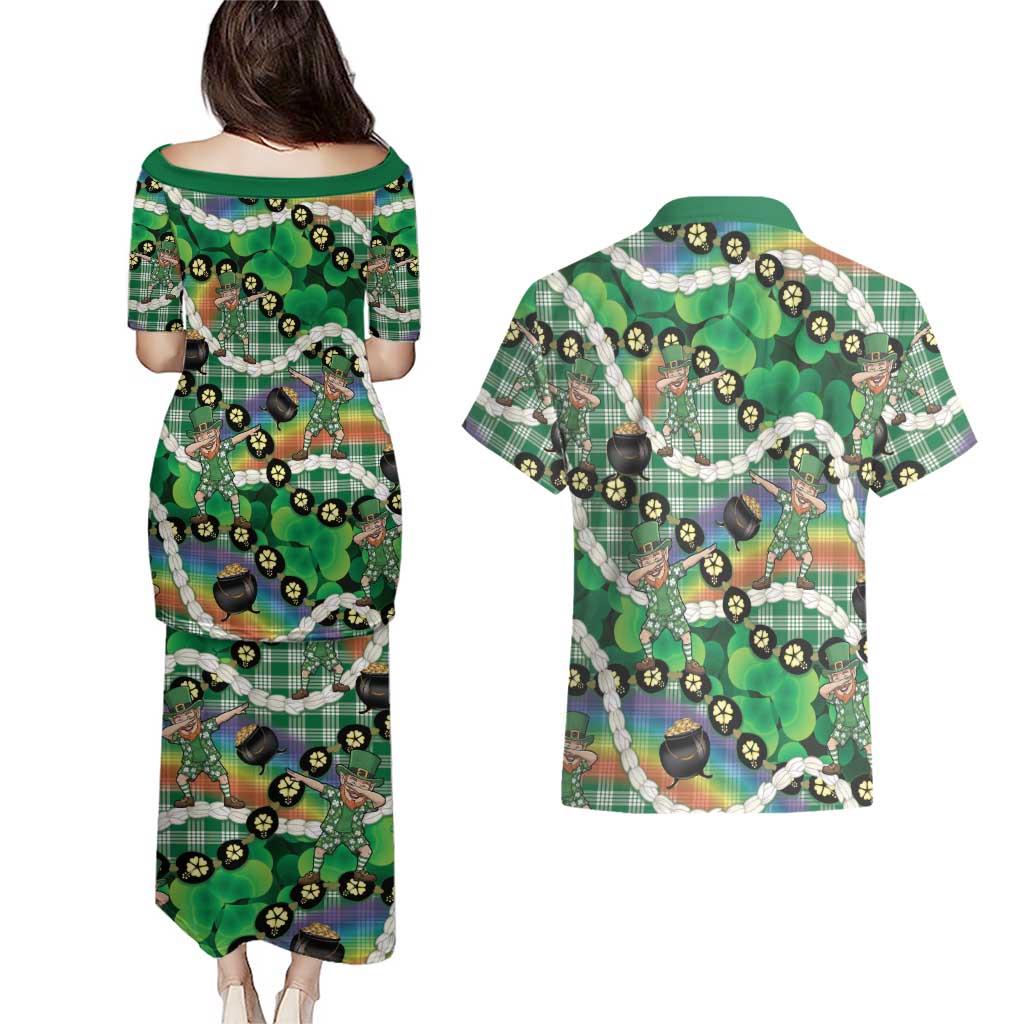St Patrick's Day Palaka Hawaii Couples Matching Puletasi and Hawaiian Shirt Kukui Nut Pikake Lei Shamrock Dabbing Leprechaun