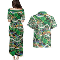 St Patrick's Day Palaka Hawaii Couples Matching Puletasi and Hawaiian Shirt Kukui Nut Pikake Lei Shamrock Dabbing Leprechaun