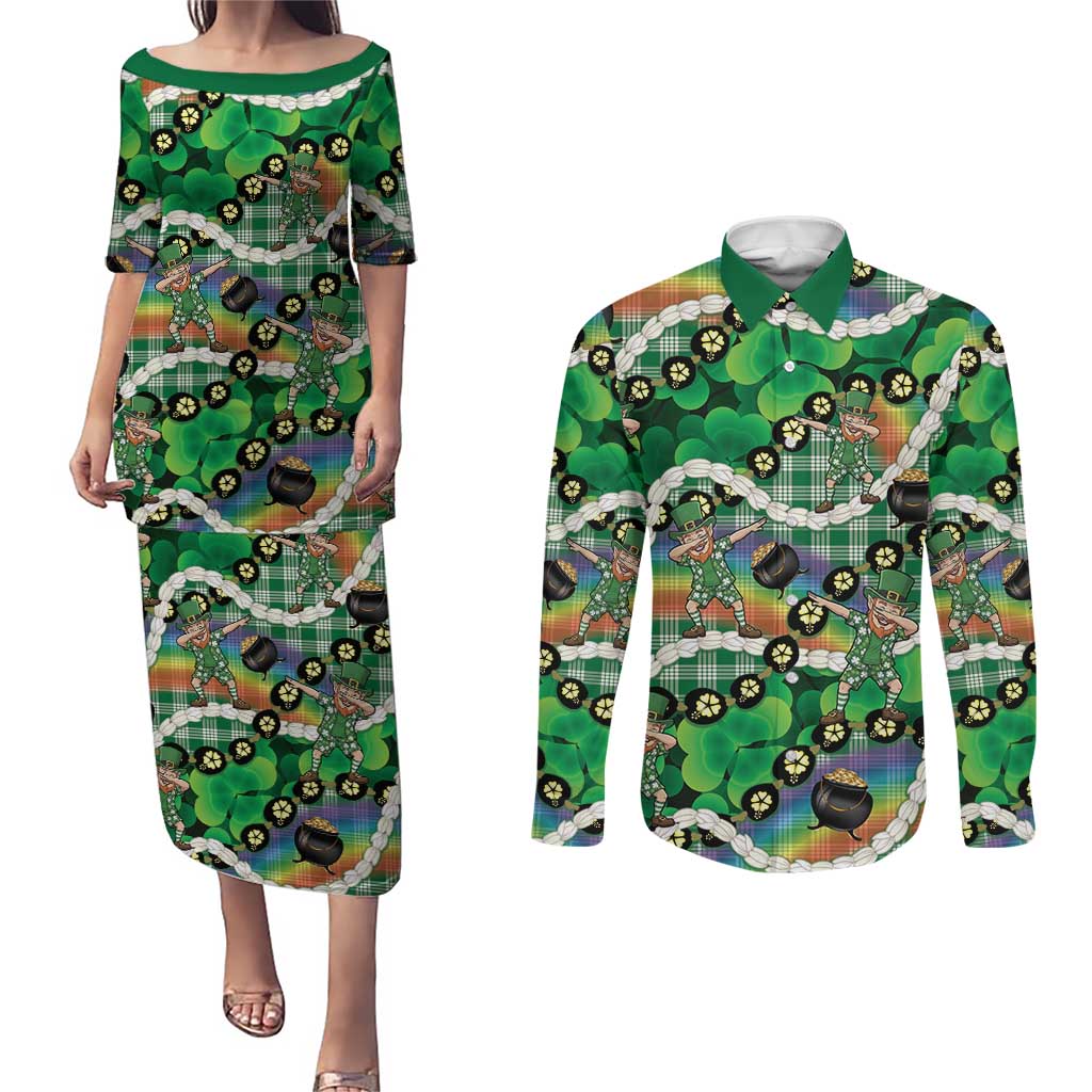 St Patrick's Day Palaka Hawaii Couples Matching Puletasi and Long Sleeve Button Shirt Kukui Nut Pikake Lei Shamrock Dabbing Leprechaun