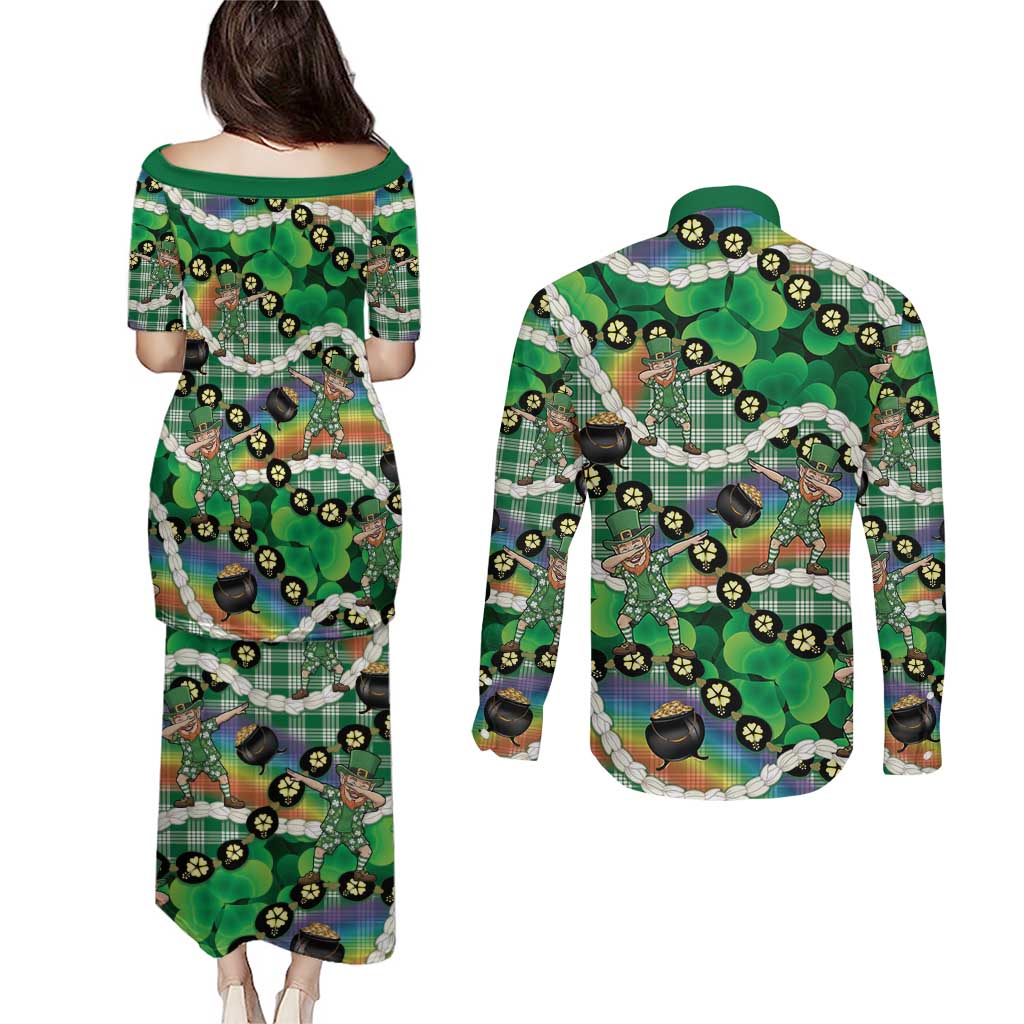 St Patrick's Day Palaka Hawaii Couples Matching Puletasi and Long Sleeve Button Shirt Kukui Nut Pikake Lei Shamrock Dabbing Leprechaun