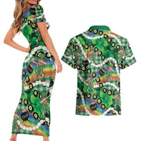 St Patrick's Day Palaka Hawaii Couples Matching Short Sleeve Bodycon Dress and Hawaiian Shirt Kukui Nut Pikake Lei Shamrock Dabbing Leprechaun