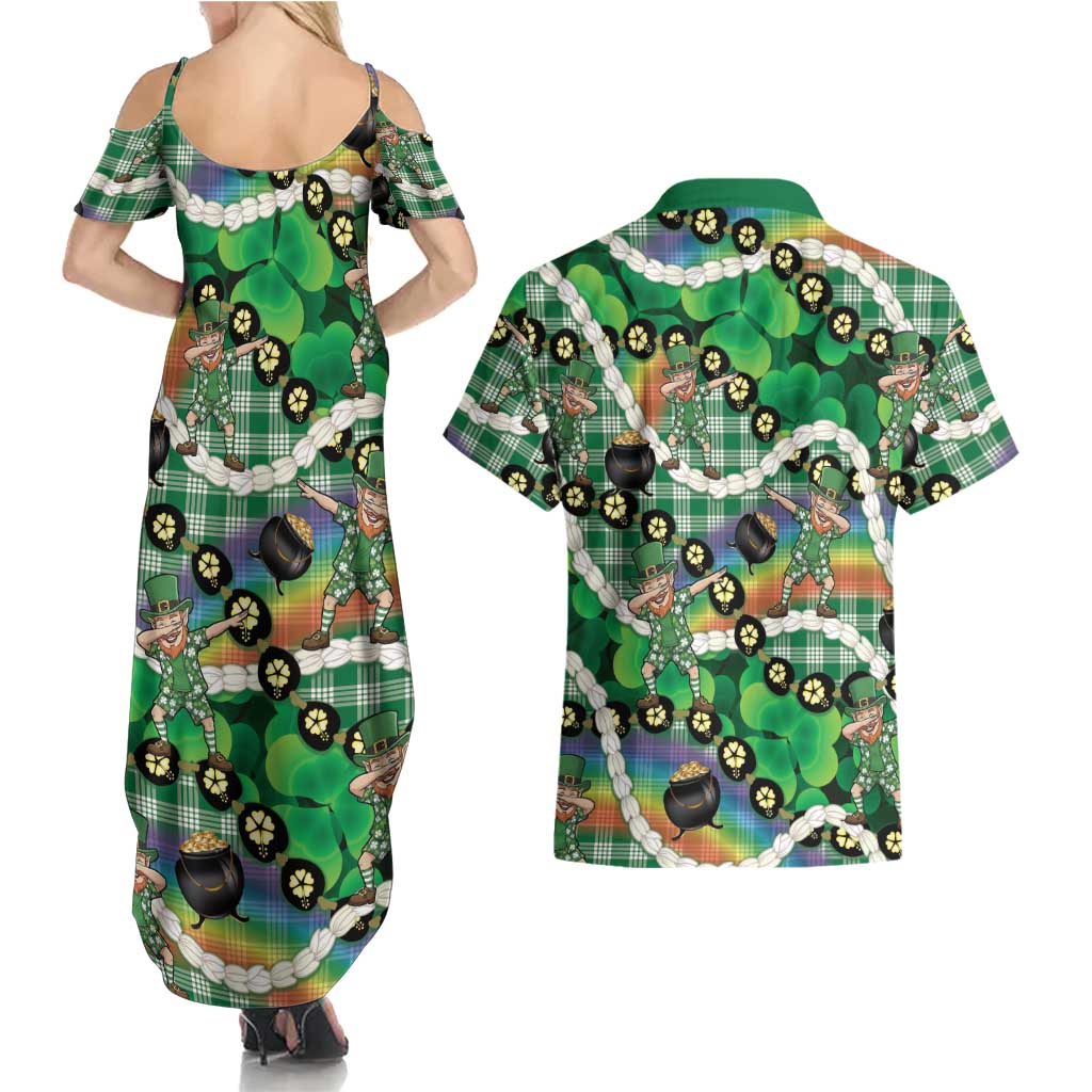 St Patrick's Day Palaka Hawaii Couples Matching Summer Maxi Dress and Hawaiian Shirt Kukui Nut Pikake Lei Shamrock Dabbing Leprechaun