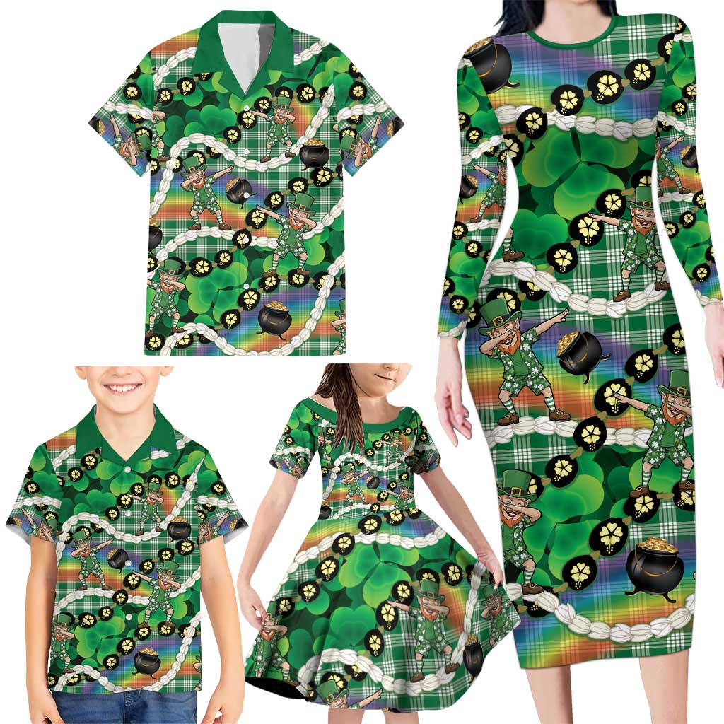 St Patrick's Day Palaka Hawaii Family Matching Long Sleeve Bodycon Dress and Hawaiian Shirt Kukui Nut Pikake Lei Shamrock Dabbing Leprechaun
