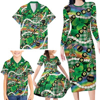 St Patrick's Day Palaka Hawaii Family Matching Long Sleeve Bodycon Dress and Hawaiian Shirt Kukui Nut Pikake Lei Shamrock Dabbing Leprechaun