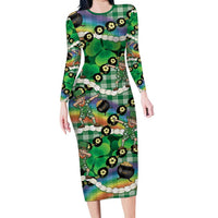 St Patrick's Day Palaka Hawaii Family Matching Long Sleeve Bodycon Dress and Hawaiian Shirt Kukui Nut Pikake Lei Shamrock Dabbing Leprechaun