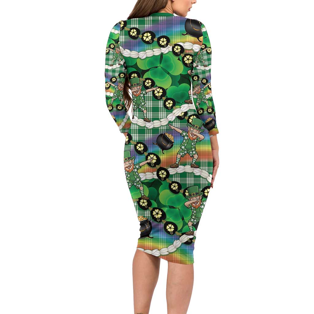 St Patrick's Day Palaka Hawaii Family Matching Long Sleeve Bodycon Dress and Hawaiian Shirt Kukui Nut Pikake Lei Shamrock Dabbing Leprechaun