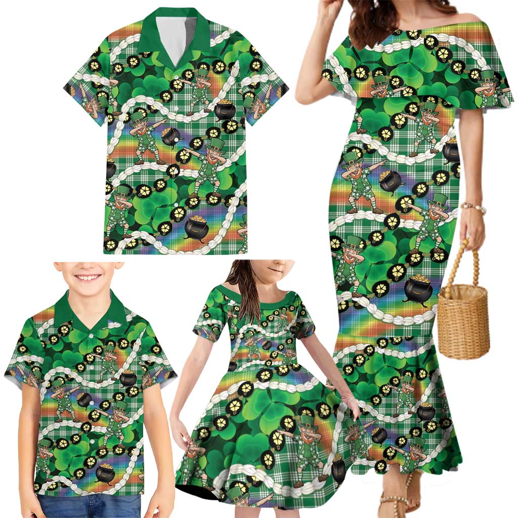 St Patrick's Day Palaka Hawaii Family Matching Mermaid Dress and Hawaiian Shirt Kukui Nut Pikake Lei Shamrock Dabbing Leprechaun