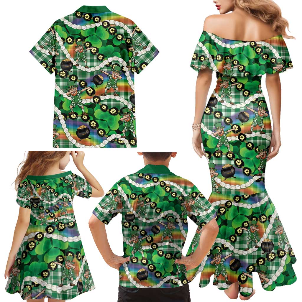 St Patrick's Day Palaka Hawaii Family Matching Mermaid Dress and Hawaiian Shirt Kukui Nut Pikake Lei Shamrock Dabbing Leprechaun
