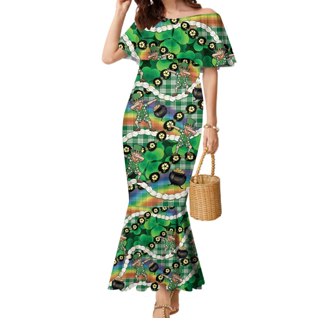 St Patrick's Day Palaka Hawaii Family Matching Mermaid Dress and Hawaiian Shirt Kukui Nut Pikake Lei Shamrock Dabbing Leprechaun