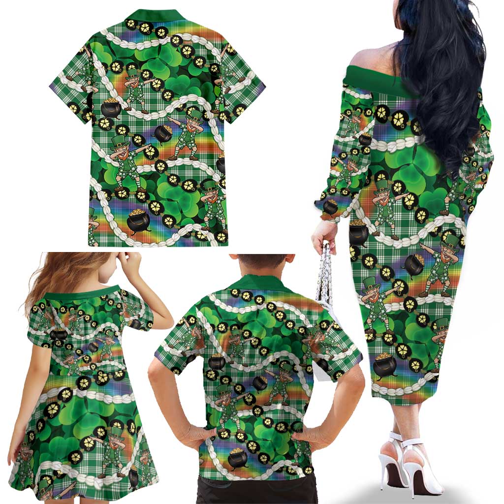 St Patrick's Day Palaka Hawaii Family Matching Off The Shoulder Long Sleeve Dress and Hawaiian Shirt Kukui Nut Pikake Lei Shamrock Dabbing Leprechaun