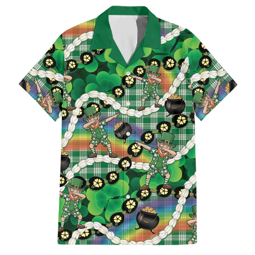 St Patrick's Day Palaka Hawaii Family Matching Off The Shoulder Long Sleeve Dress and Hawaiian Shirt Kukui Nut Pikake Lei Shamrock Dabbing Leprechaun