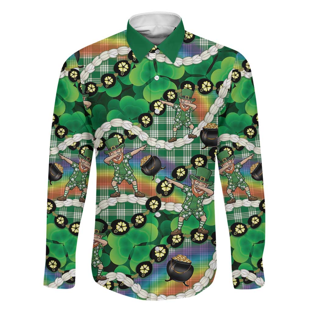 St Patrick's Day Palaka Hawaii Family Matching Off The Shoulder Long Sleeve Dress and Hawaiian Shirt Kukui Nut Pikake Lei Shamrock Dabbing Leprechaun