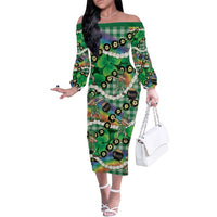 St Patrick's Day Palaka Hawaii Family Matching Off The Shoulder Long Sleeve Dress and Hawaiian Shirt Kukui Nut Pikake Lei Shamrock Dabbing Leprechaun