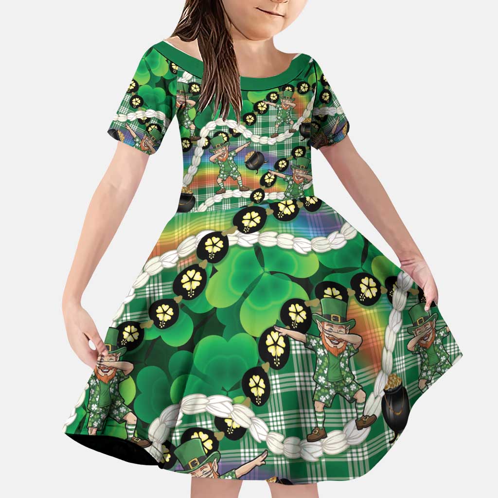 St Patrick's Day Palaka Hawaii Family Matching Off Shoulder Maxi Dress and Hawaiian Shirt Kukui Nut Pikake Lei Shamrock Dabbing Leprechaun