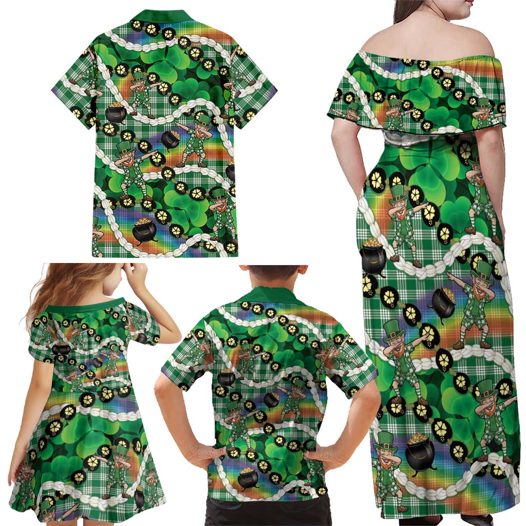 St Patrick's Day Palaka Hawaii Family Matching Off Shoulder Maxi Dress and Hawaiian Shirt Kukui Nut Pikake Lei Shamrock Dabbing Leprechaun