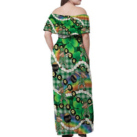 St Patrick's Day Palaka Hawaii Family Matching Off Shoulder Maxi Dress and Hawaiian Shirt Kukui Nut Pikake Lei Shamrock Dabbing Leprechaun