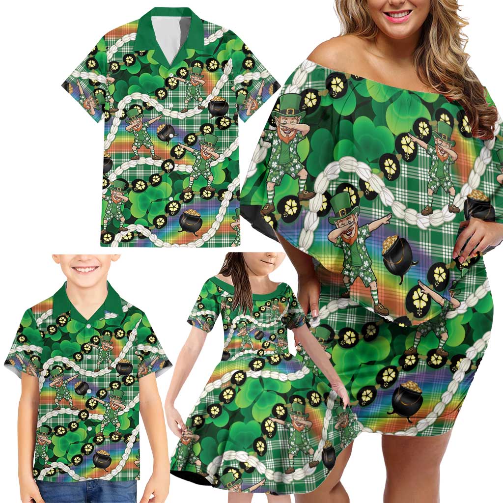 St Patrick's Day Palaka Hawaii Family Matching Off Shoulder Short Dress and Hawaiian Shirt Kukui Nut Pikake Lei Shamrock Dabbing Leprechaun