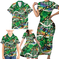 St Patrick's Day Palaka Hawaii Family Matching Short Sleeve Bodycon Dress and Hawaiian Shirt Kukui Nut Pikake Lei Shamrock Dabbing Leprechaun