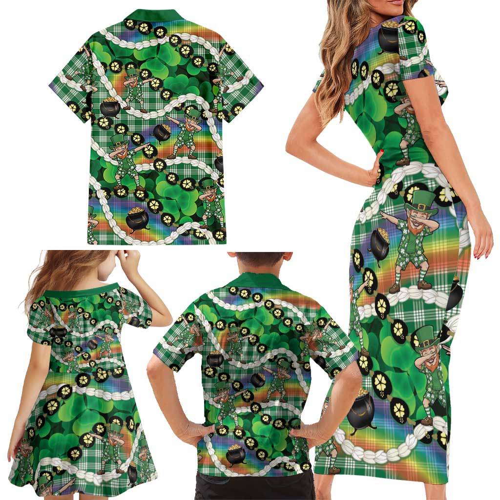 St Patrick's Day Palaka Hawaii Family Matching Short Sleeve Bodycon Dress and Hawaiian Shirt Kukui Nut Pikake Lei Shamrock Dabbing Leprechaun