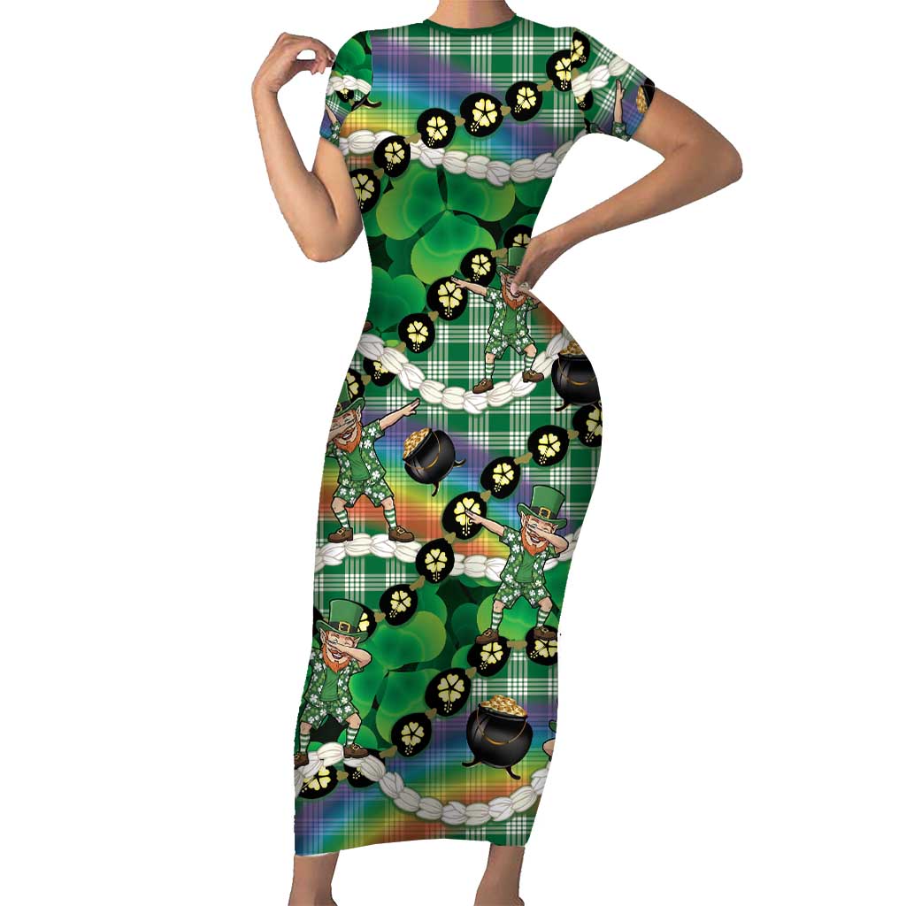 St Patrick's Day Palaka Hawaii Family Matching Short Sleeve Bodycon Dress and Hawaiian Shirt Kukui Nut Pikake Lei Shamrock Dabbing Leprechaun