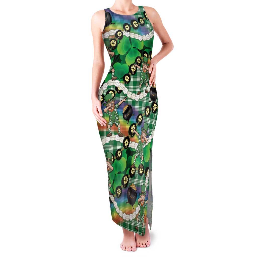 St Patrick's Day Palaka Hawaii Family Matching Tank Maxi Dress and Hawaiian Shirt Kukui Nut Pikake Lei Shamrock Dabbing Leprechaun