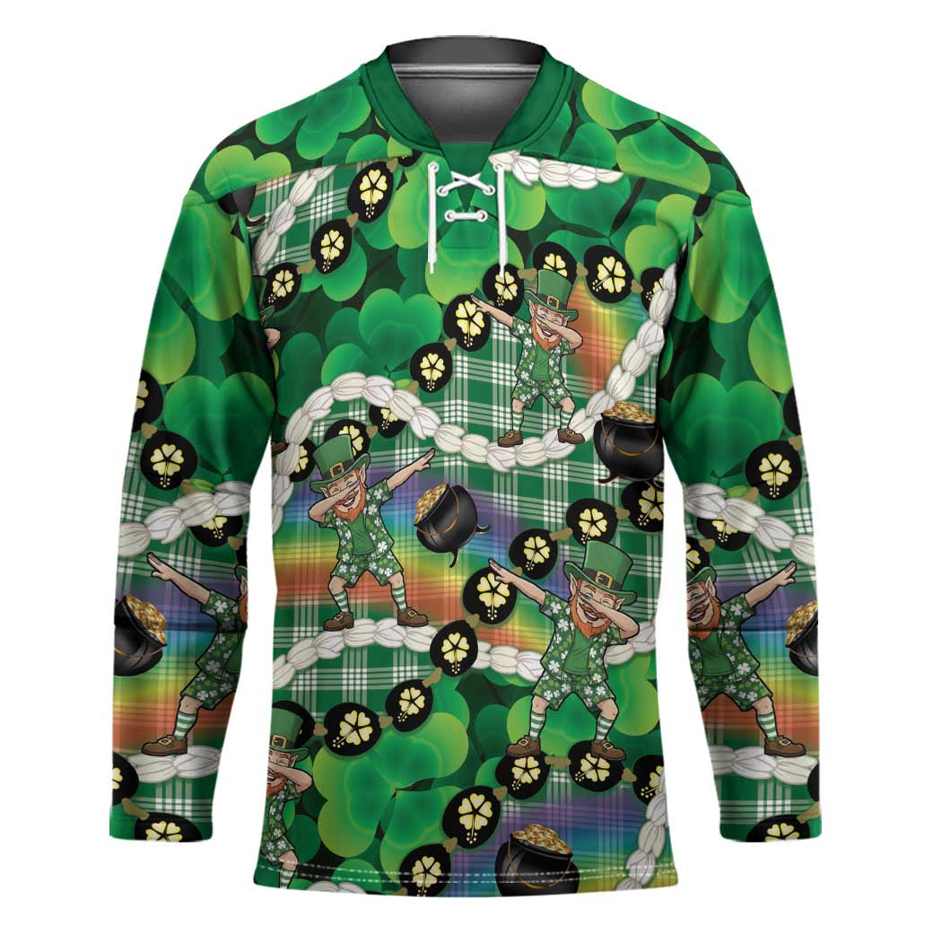 St Patrick's Day Palaka Hawaii Hockey Jersey Kukui Nut Pikake Lei Shamrock Dabbing Leprechaun