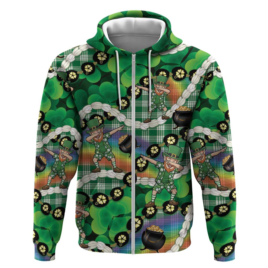 St Patrick's Day Palaka Hawaii Hoodie Kukui Nut Pikake Lei Shamrock Dabbing Leprechaun