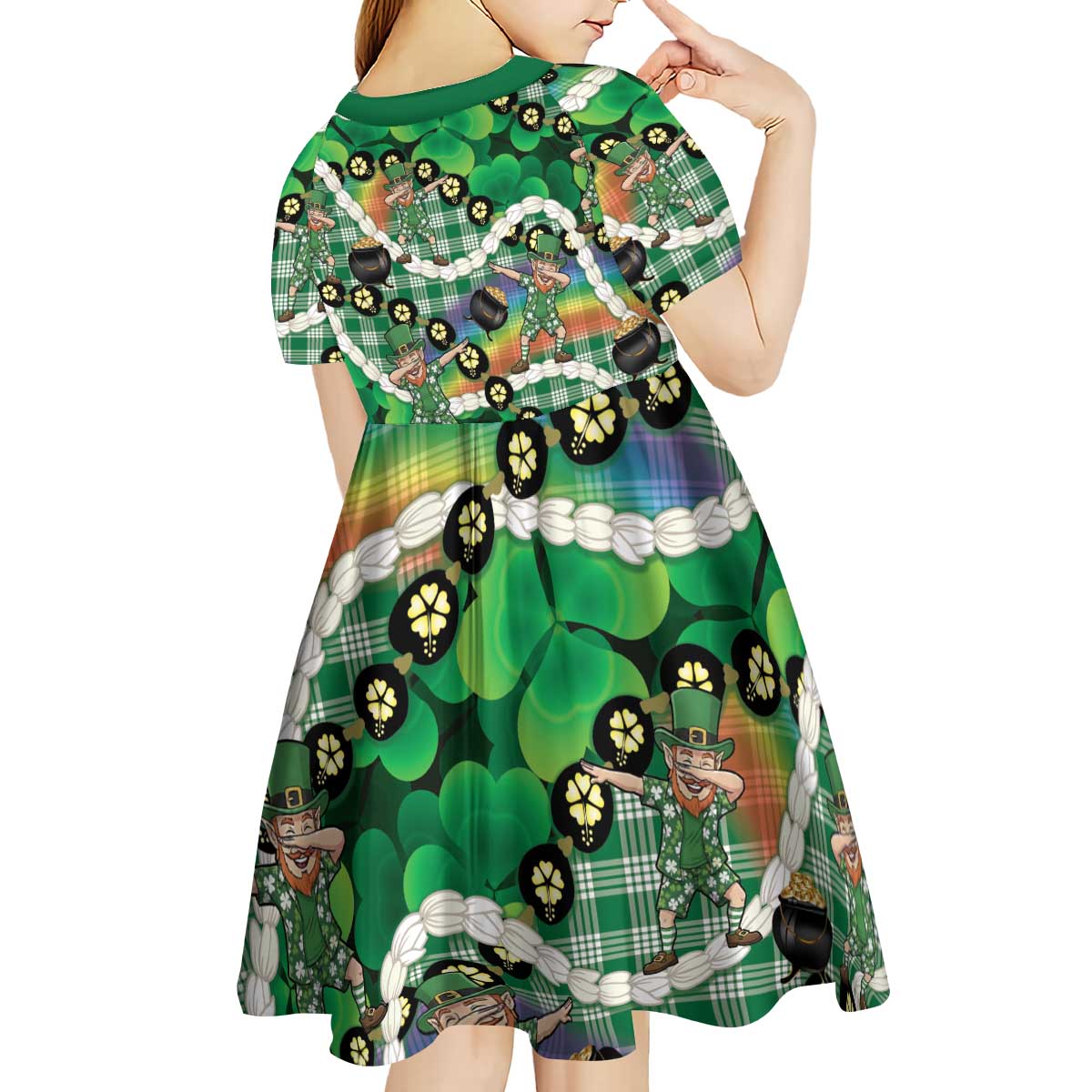 St Patrick's Day Palaka Hawaii Kid Short Sleeve Dress Kukui Nut Pikake Lei Shamrock Dabbing Leprechaun